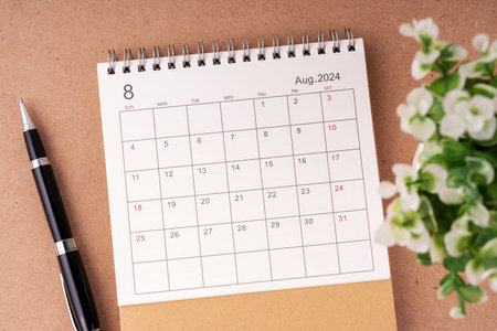 August 2024 desk calendar flat layの写真素材