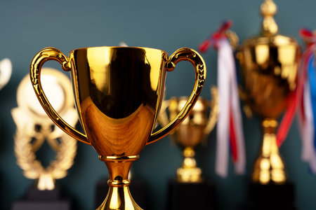 Close up of gold trophy winning conceptの写真素材