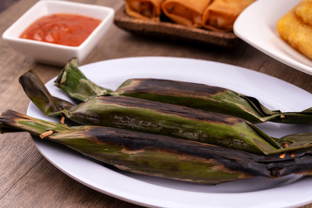 Close up of Pulut Panggang or grilled glutinous riceの写真素材