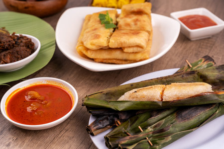 Close up of Pulut Panggang or grilled glutinous rice and murtabakの写真素材