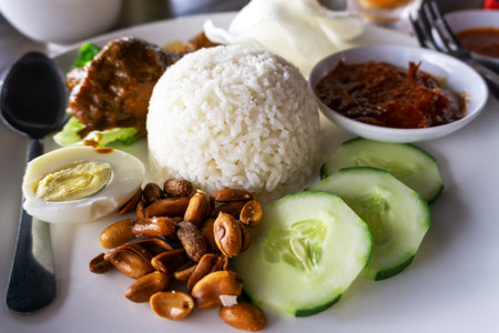 Close up of nasi lemak Malaysian foodの写真素材