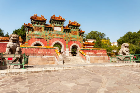 Gate with three arches in park of Putuo Zongcheng temple in Chengde, Hebei, Chinaの写真素材