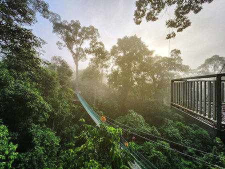 High angle view of tree top canopy suspension bridge and platform in Danum Valley Tropical Rain forest Lahad Datu Sabahの写真素材