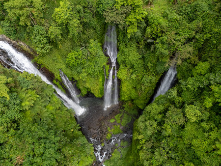 Aerial view waterfalls in Lemukih Village Sawan Buleleng north Baliの写真素材