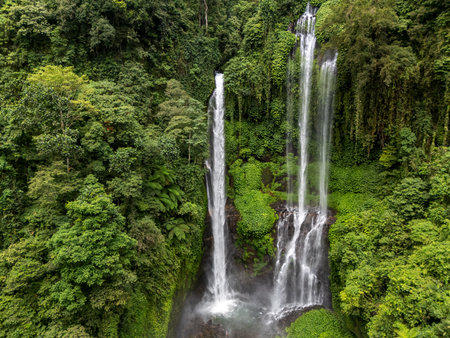 Aerial view of Sekumpul Waterfall, also known as Gerombong Waterfall, is a famous waterfall in Bali, Indonesiaの写真素材