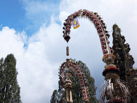 Penjor at gate entrance in Pura Ulun Danu Beratan temple in Bedugul Baliの写真素材