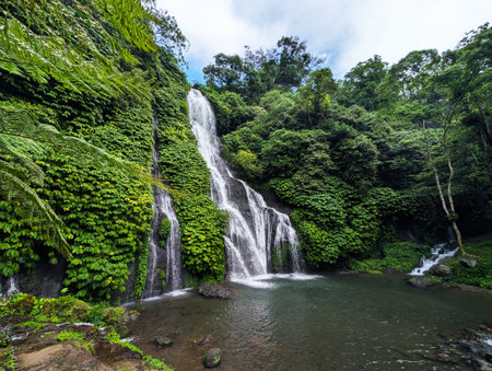 Banyumala Waterfall is located in Northern Bali, between Munduk and Bedugulの写真素材