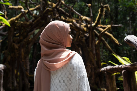 Asian woman at Botanical garden in Kinabalu National park in Kundasang, Sabah Borneo Malaysiaの写真素材