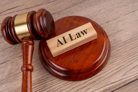 Top view of gavel and AI law text on wooden block