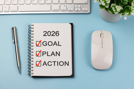 Notepad with text 2026 Goal, Plan, Action with checklist box New Year conceptの写真素材