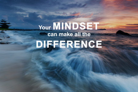 Sunset and waves with inspirational quotes text your mindset can make all the differenceの写真素材