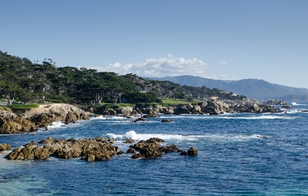Coastline along the 17 Mile Drive in Pebble Beach of  Monterey Peninsula. California. Large waves coming to rocks.の写真素材
