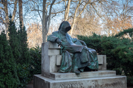 BUDAPEST, HUNGARY - DECEMBER 9, 2016: Statue of Anonymous, Vajdahunyad Castle in Budapest, Hungaryのeditorial素材