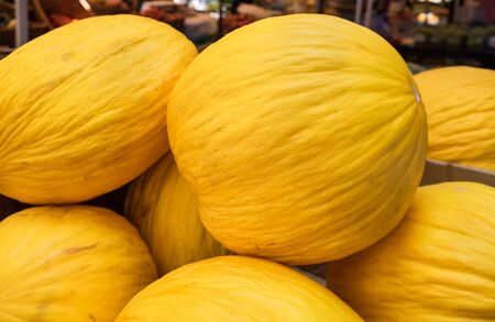 Canary melon (Cucumis melo) or winter melon for sale at local city marketの写真素材