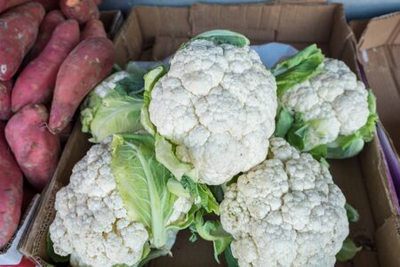 Cauliflower and red yam for sale at the city marketの写真素材
