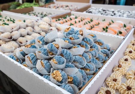 marzipan sweets in carton boxes for sale at Mahane Yehuda Market, popular marketplace in Jerusalem, Israelの写真素材