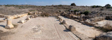 Large panoramic view of Mosaic floor of a Byzantine church. Khirbet Beit Lei or Beth Loya at Judean lowlands, Israelの写真素材