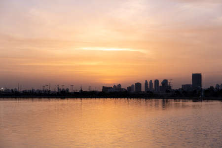 Amazing sunset on Beer Sheva lake - biggest handmade lake in Israelの写真素材