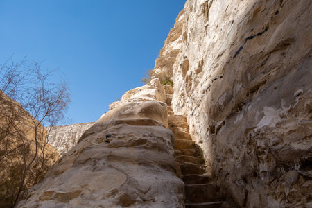 Carved steps at Ein Avdat - a canyon in the Negev Desert of Israelの写真素材