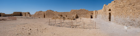 Large panoramic view of Avdat or Abdah and Ovdat and Obodat, ruined Nabataean city in the Negev...