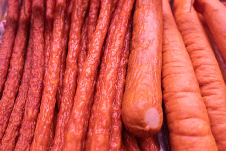 Ham long sausages (Kabanos) sold at farmers city marketの写真素材