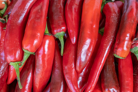 Hot red chilli peppers sold at the city farmers marketの写真素材