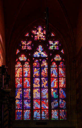 Amazing stained glass window of St. Vitus Cathedral - Prague Castle. Prague, Czech Republic