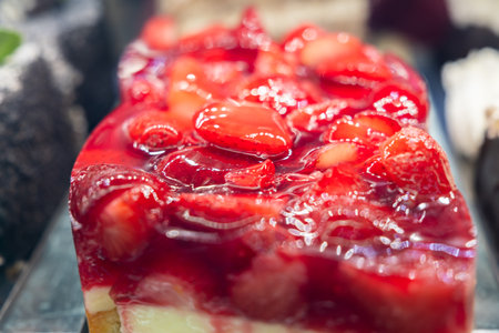 Beautiful strawberry cheesecakes sold at a sweets store in Europeの写真素材