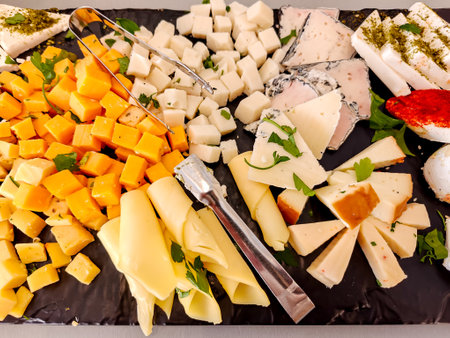 Amazing different cheeses plate served in small cafe