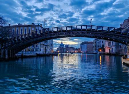 Iconic sunrise view on Ponte dell'Accademia and Basilica di Santa Maria della Salute, Italyの写真素材