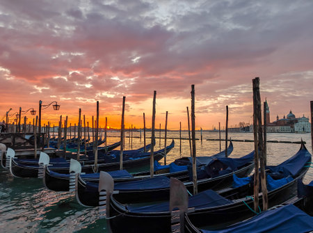 Amazing sunrise on the Grand Canal in Venice.The Church San Giorgio Maggiore on the  background. Italyの写真素材