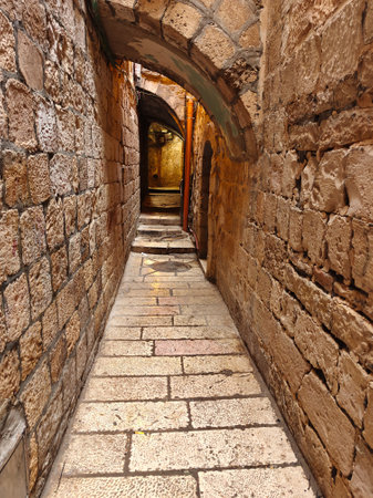 Narrow streets and arches in the Jerusalem Old City. Jerusalem, Israelの写真素材