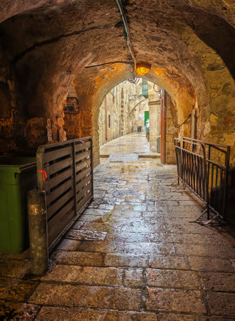 Narrow streets and arches in the Jerusalem Old City. Jerusalem, Israelの写真素材