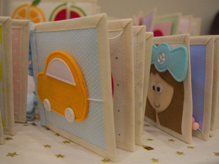 Pastel textile book for kids in bedroomの写真素材