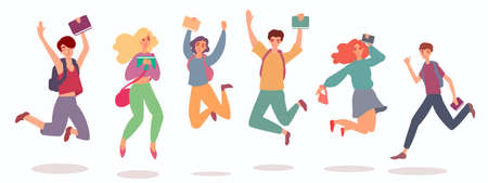 Young joyful people cartoon characters jumping flat vector illustration isolated.