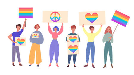 Lgbt pride with people holding rainbow signs, flat vector illustration isolated.のイラスト素材