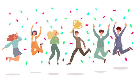 Cartoon people doing happy jump with confetti and golden cup - vector illustration