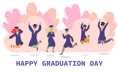Students graduation day banner with people characters, flat vector illustration.のイラスト素材