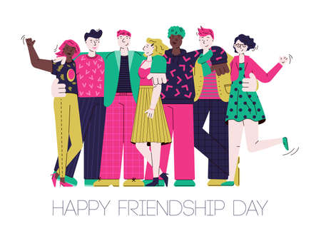 Happy friendship day card with cartoon friend group hugging. Yのイラスト素材