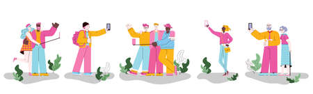 Cartoon people taking selfie - flat banner with isolated people standing outdoorsのイラスト素材