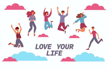 Cheerful people group jumping for joy flat cartoon vector illustration isolated.のイラスト素材