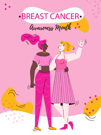 Breast cancer awareness month greeting card with two women standing and hugging.のイラスト素材