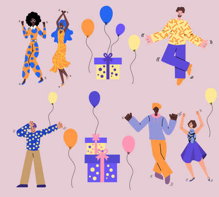 Birthday party set with people and gifts sketch vector illustrations isolated.のイラスト素材