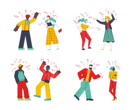 People quarrel and swear set, sketch cartoon vector illustration isolated.のイラスト素材
