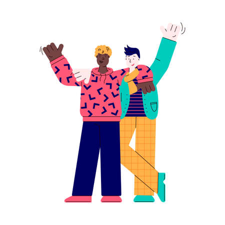 Hugging smiling men or young guys, male cartoon characters, vector illustration.