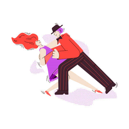 Man and woman cartoon characters dancing tango flat vector illustration isolated.のイラスト素材