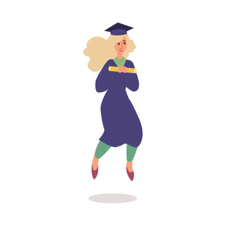 University student in graduation cap and gown jumping from happinessのイラスト素材
