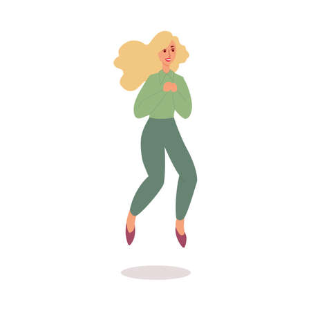 Happy blondie woman character jumping flat cartoon vector illustration isolated.のイラスト素材