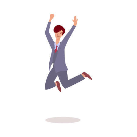 Happy businessman jumping in air - adult cartoon man in business suitのイラスト素材