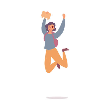 Happy cartoon girl jumping in air - cheerful young woman holding a bookのイラスト素材